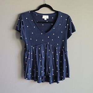 Jun & Ivy Navy Blue with White Hearts Loose Fit Flowy V-Neck Chic Boho Blouse 